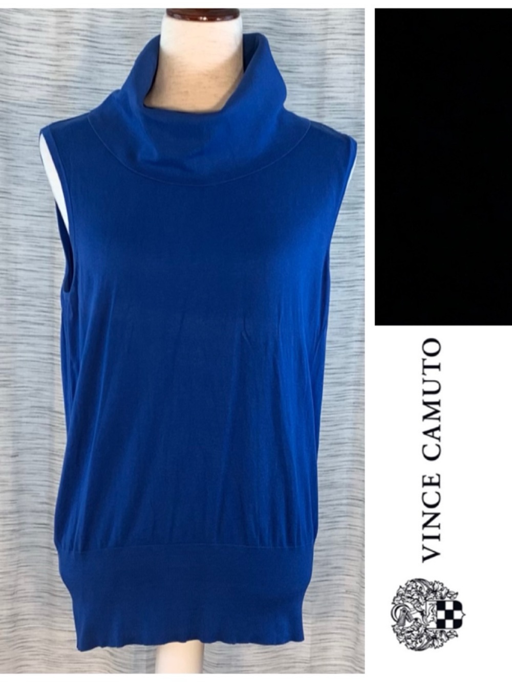 Vince Camuto Blue knit sleeveless, cowled turtleneck top.